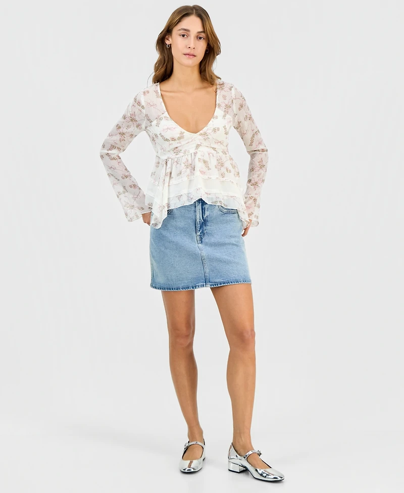 Self Esteem Juniors' Long-Sleeve Hanky-Hem Woven Top