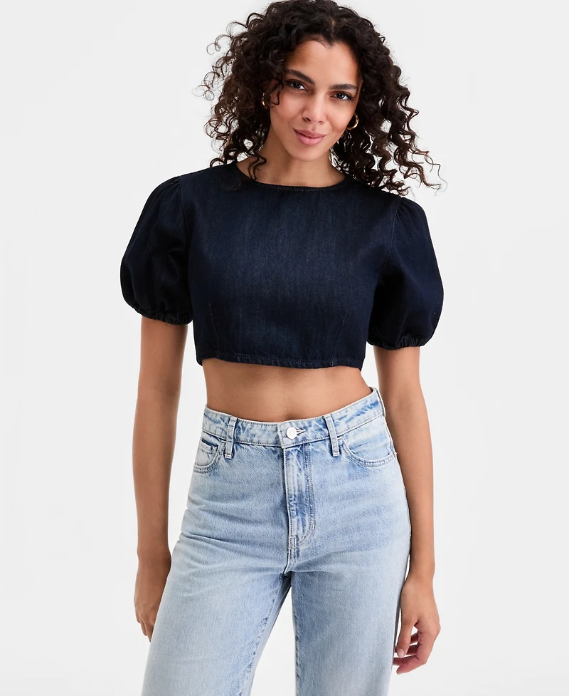 Guess Women's Cropped Puffed-Sleeve Top