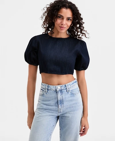 Guess Women's Cropped Puffed-Sleeve Top