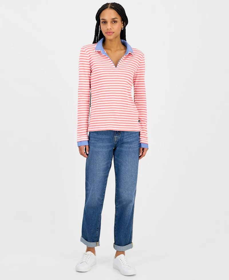 Nautica Jeans Women's Striped Double Collar Long Sleeve Cotton Shirt