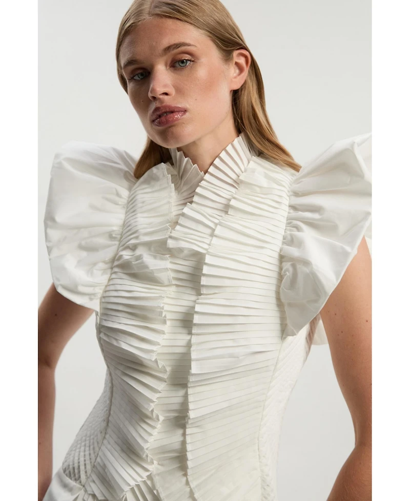 Karen Millen Women's Pleated Ruffle Sleeve Woven Maxi Dress