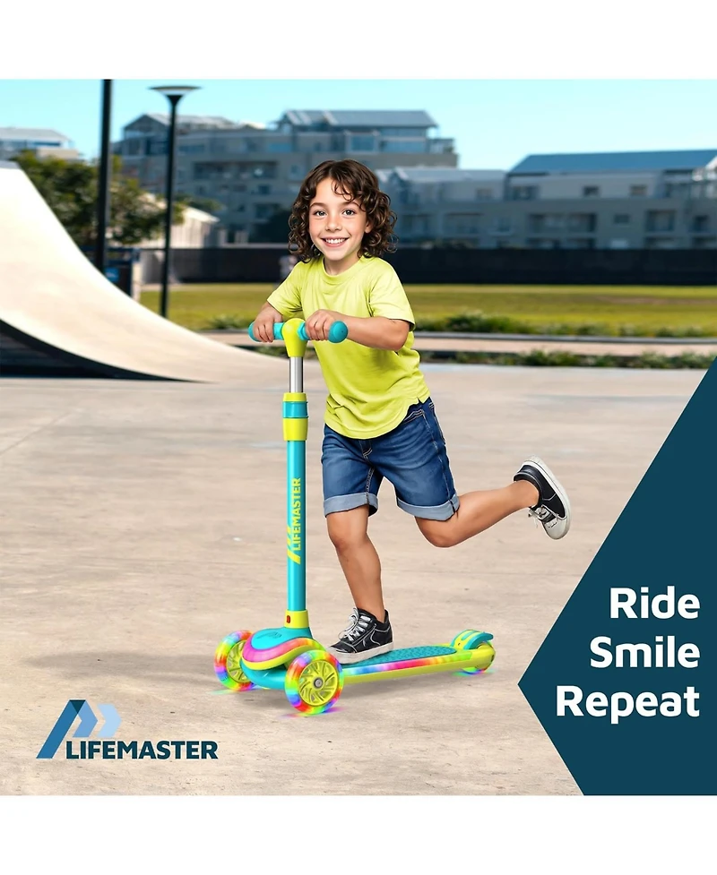 Lifemaster 3-Wheel Kids Scooter with Multi-Color Lights on Deck & Wheels – 5-Height Handlebar, Wide Anti-Slip Deck, Child Safety Certified, Boys & Gir