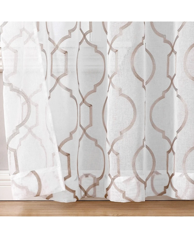 Kate Aurora Transcendence 1 Piece Grommet Top Embroidered Sheer Trellis Clover Window Curtain Panel - Silver