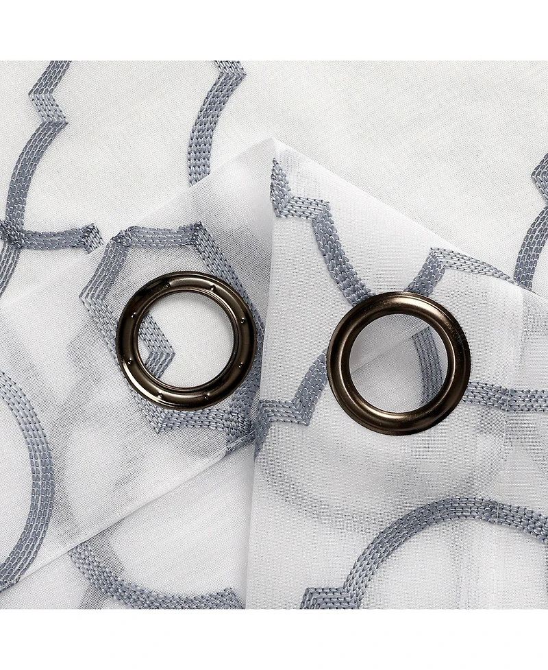 Kate Aurora Transcendence 1 Piece Grommet Top Embroidered Sheer Trellis Clover Window Curtain Panel - Silver