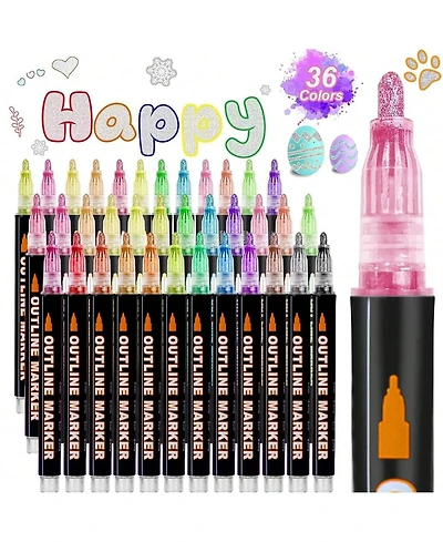 Htutwoo 36 Colors Outline Glitter Markers, Squiggles Double Line Pen, Glitter Drawing Pens for Christmas Greeting Cards, Painting, Diy Sketching