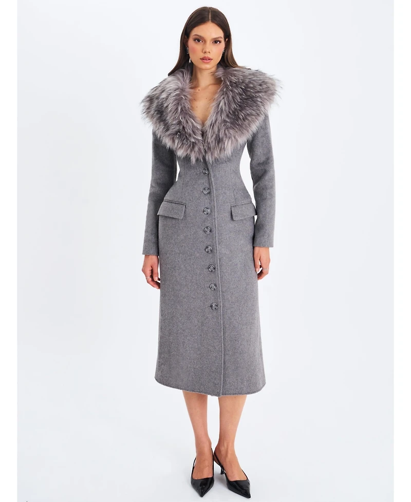 Miss Circle Women's Faye Grey Wool Blend Single-Breasted Coat with Removable Faux Fur Collar