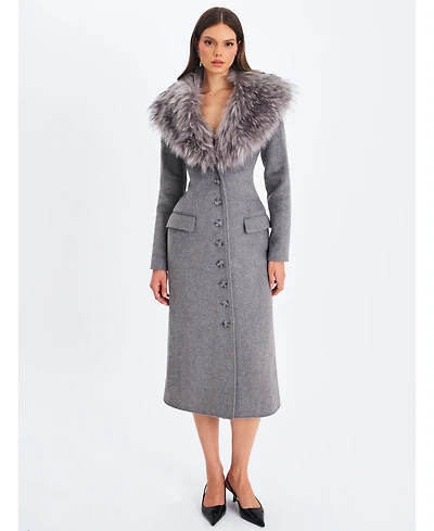 Miss Circle Women's Faye Grey Wool Blend Single-Breasted Coat with Removable Faux Fur Collar