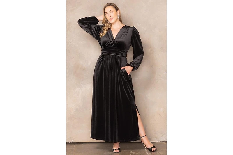 Kiyonna Plus Vivienne Long Sleeve Velvet Evening Gown with Pockets