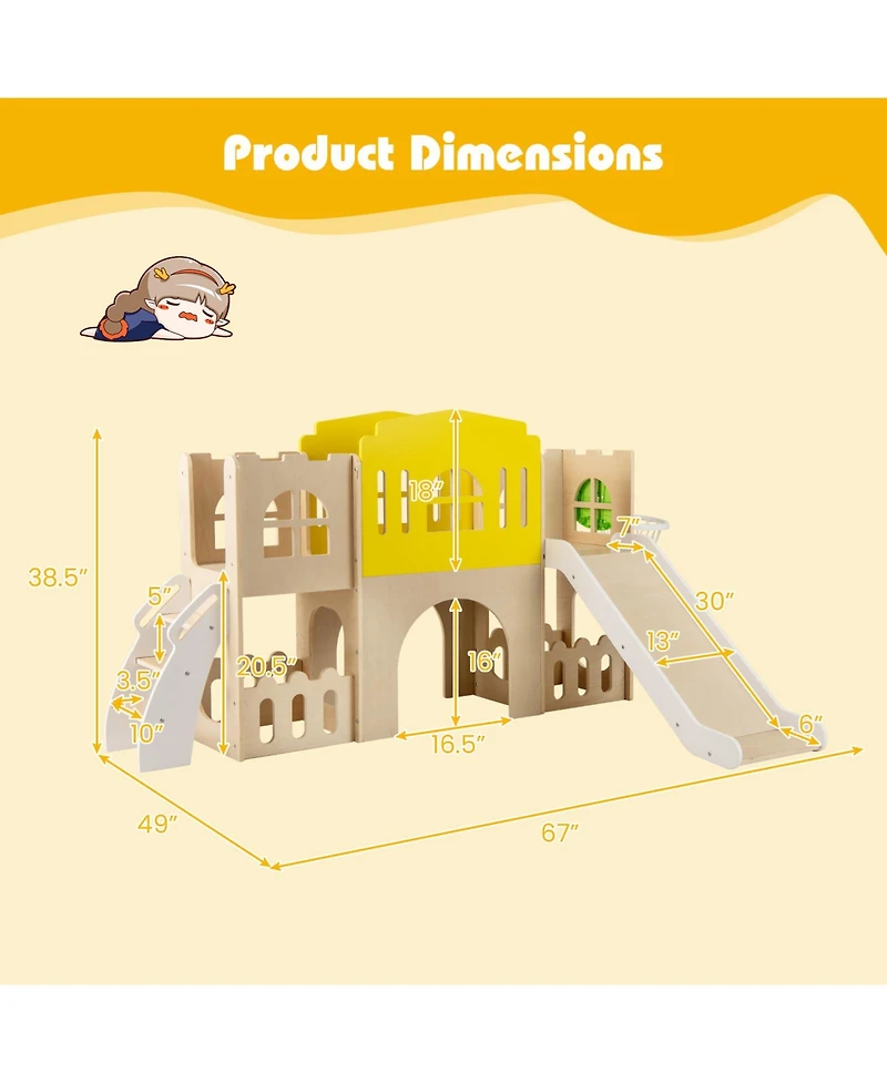 Gymax 7-in-1 Toddler Slide Set Wooden Castle-Shaped Entertainment Activity Center