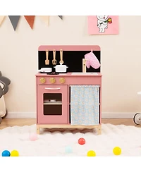 Gymax Play Kitchen for Kids w/ Door Curtain Stoves Sink & Oven Cookware Accessories