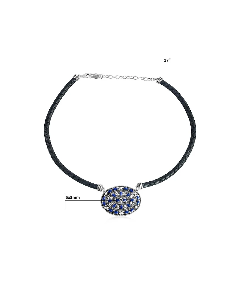 American West Jewelry Sterling Silver Lapis Oval Pendant Black Leather Necklace, 17 to 20 Inches