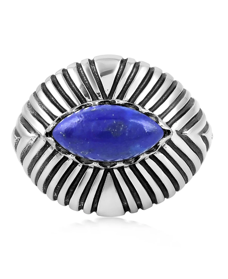American West Jewelry Sterling Silver Lapis Marquise Gemstone Ribbed Ring