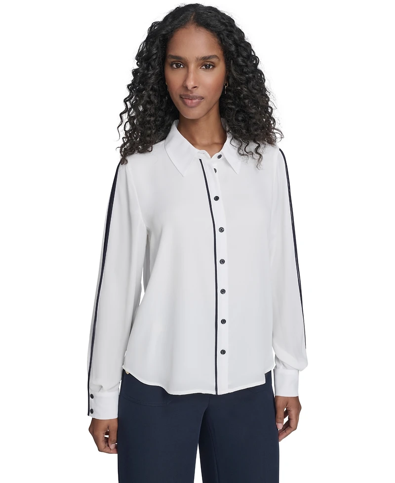 Tommy Hilfiger Women's Long Sleeve Contrast Trim Button-Up Blouse