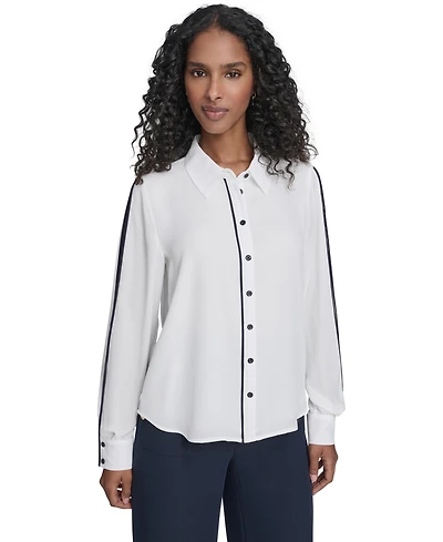 Tommy Hilfiger Women's Long Sleeve Contrast Trim Button-Up Blouse