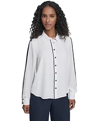 Tommy Hilfiger Women's Long Sleeve Contrast Trim Button-Up Blouse