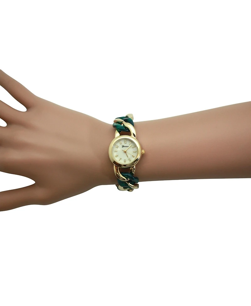 Olivia Pratt Green Gold Chain and Tortoise Strap Women Watch