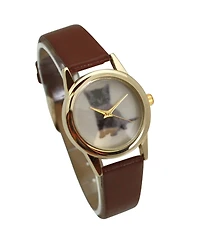Olivia Pratt Brown Cat and Dog Face Faux Leather Band Women Watch