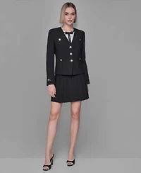 Karl Lagerfeld Paris Womens Embellished Long Sleeve Jacket Short Sleeve Contrast Piping Top Pleated Hardware Detail Skirt