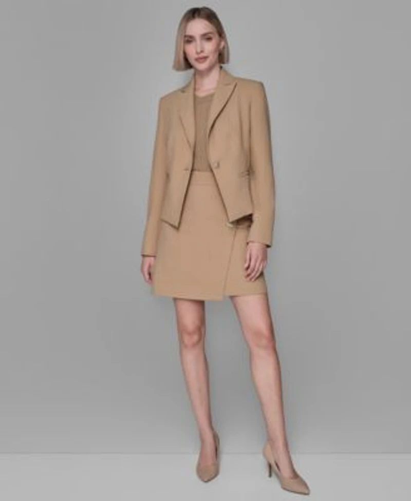 Karl Lagerfeld Paris Womens Long Sleeve Cropped Button Jacket Short Sleeve Ribbed Sweater Knee Length Button Detail Skirt