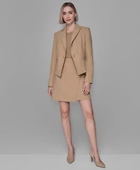 Karl Lagerfeld Paris Womens Long Sleeve Cropped Button Jacket Short Sleeve Ribbed Sweater Knee Length Button Detail Skirt