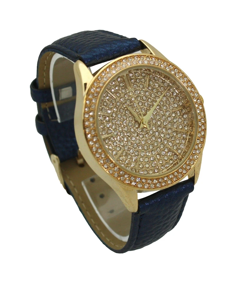 Olivia Pratt Blue Rhinestione Big Face Detail Leather Strap Watch