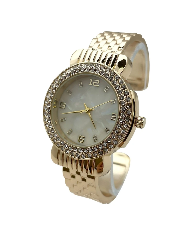 Olivia Pratt Gold Round Face Rhinestone Bezel Bangle Women Watch