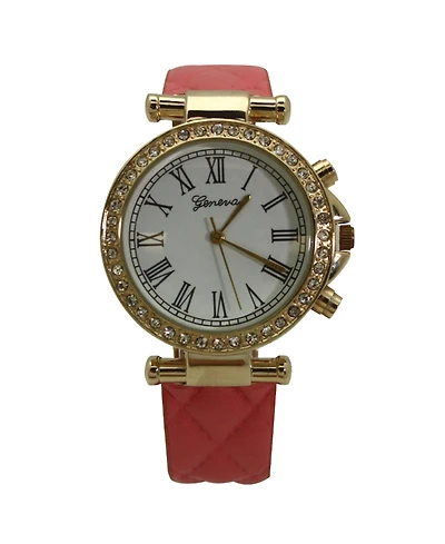 Olivia Pratt Hot Pink Quilted and Gold Detail Leather Strap Watch