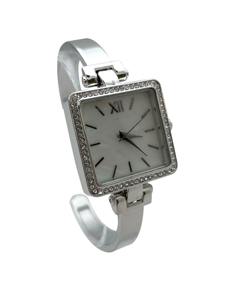 Olivia Pratt Silver Square Face Thin Rhinestone Bezel Bangle Women Watch
