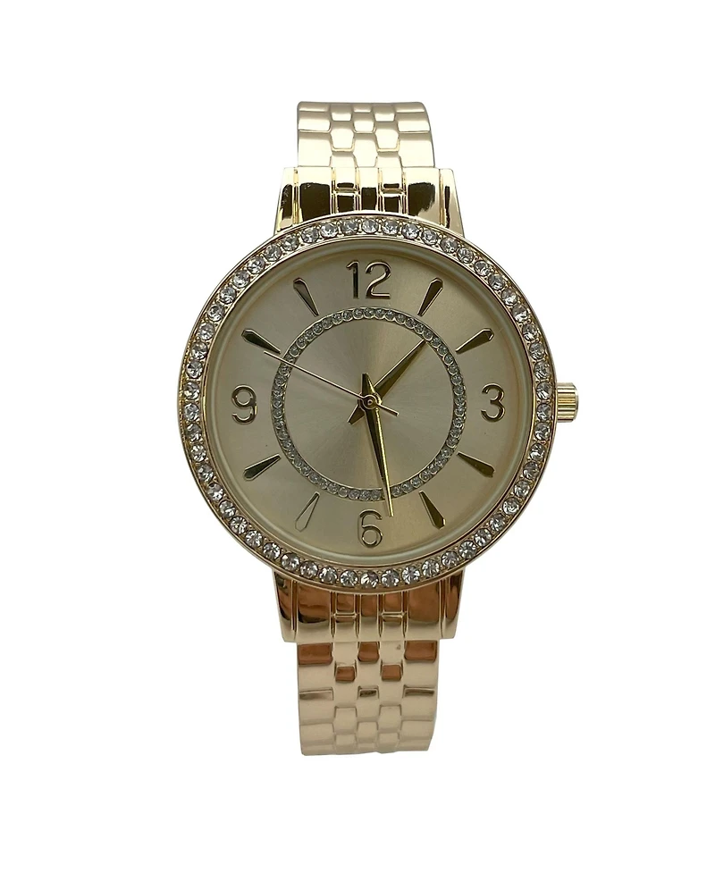 Olivia Pratt Gold Round Face Rhinestone Bezel Textured Bangle Women Watch