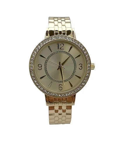 Olivia Pratt Gold Round Face Rhinestone Bezel Textured Bangle Women Watch