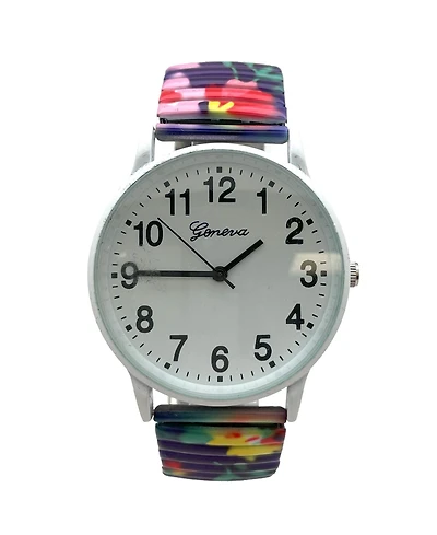 Olivia Pratt White Big Dial Easy Reader Watch Abstract Elastic Stretch Band Wristwatch Women Watch