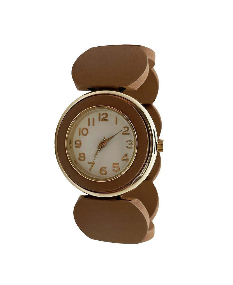 Olivia Pratt Tan Gold Stretch Wooden Watch