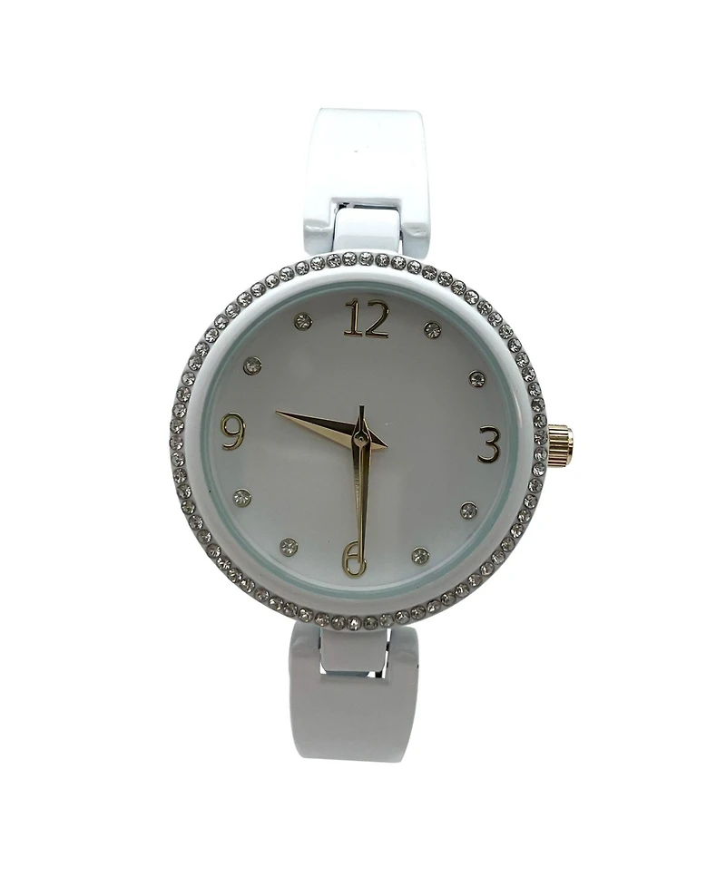 Olivia Pratt White Round Face Rhinestone Bezel Soft Bangle Women Watch