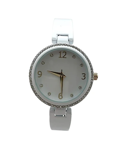 Olivia Pratt White Round Face Rhinestone Bezel Soft Bangle Women Watch