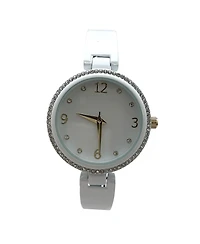 Olivia Pratt White Round Face Rhinestone Bezel Soft Bangle Women Watch
