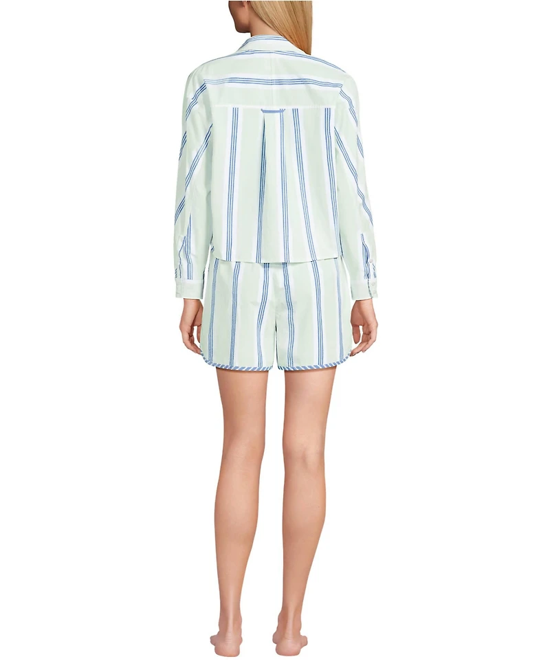 Lands' End Women's Cotton Poplin 2 Piece Pajama Set - Long Sleeve Top and Shorts with Piping