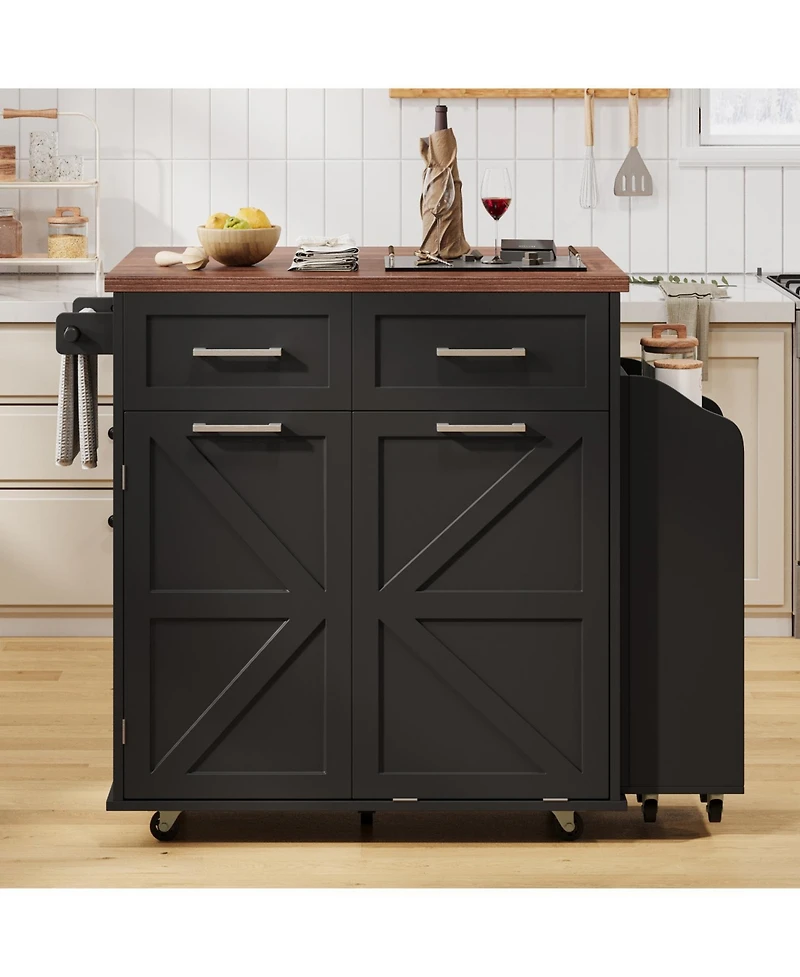 Streamdale 47.2" Farmhouse Kitchen Island with Drop Leaf & Storage, Rolling Cart, Black