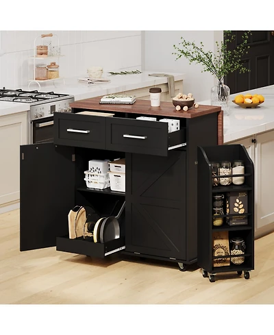 Streamdale 47.2" Farmhouse Kitchen Island with Drop Leaf & Storage, Rolling Cart, Black