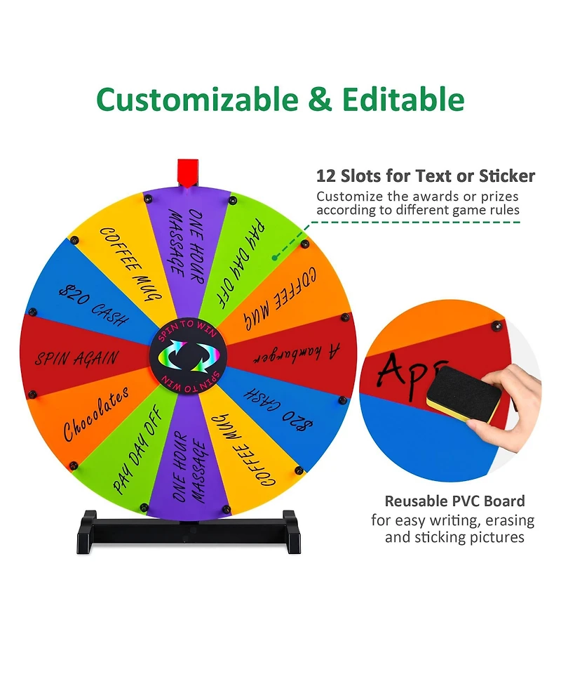WinSpin 24" Diy Modular Prize Wheel Spinning Game Tabletop 12 Slots Dry Erase for Carnival Spinner Game Events School