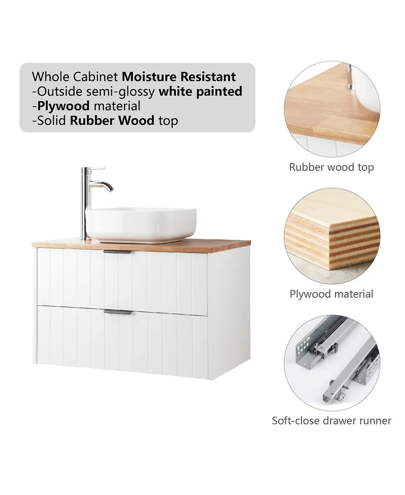 Streamdale 32" Double Drawer White Vanity, Natural Wood Top, Ceramic Sink & Round Mirror