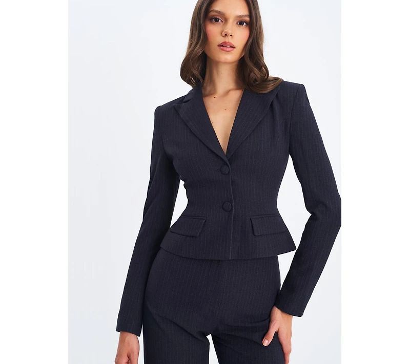 Miss Circle Women's Quinne Navy Striped Single-Breasted Peplum Blazer