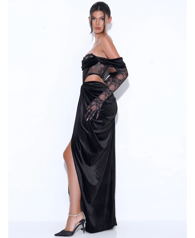 Miss Circle Women's Quintessa Black Lace Velvet Corset Off Shoulder Gown