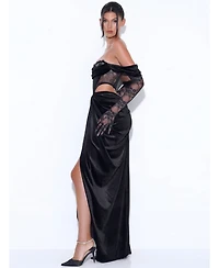 Miss Circle Women's Quintessa Black Lace Velvet Corset Off Shoulder Gown