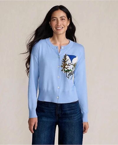 Lands' End Women's Cropped Placed Jacquard Fine Gauge Crew Neck Cardigan Sweater