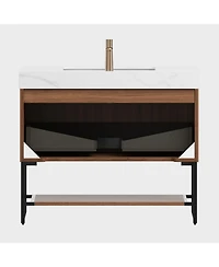 Streamdale Carrara Stone Top Vanity: Walnut Cabinet, Ceramic Basin