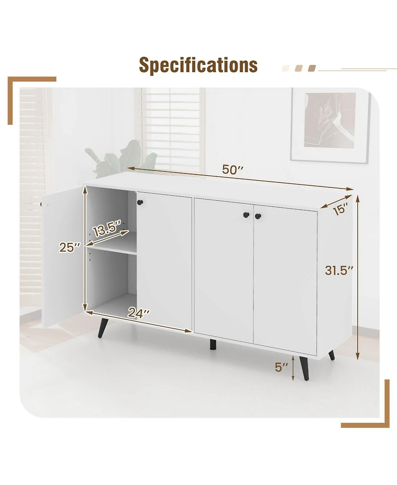 Costway Buffet Sideboard Mid Century Modern 4-Door Storage Cabinet 50" Accent Cabinet