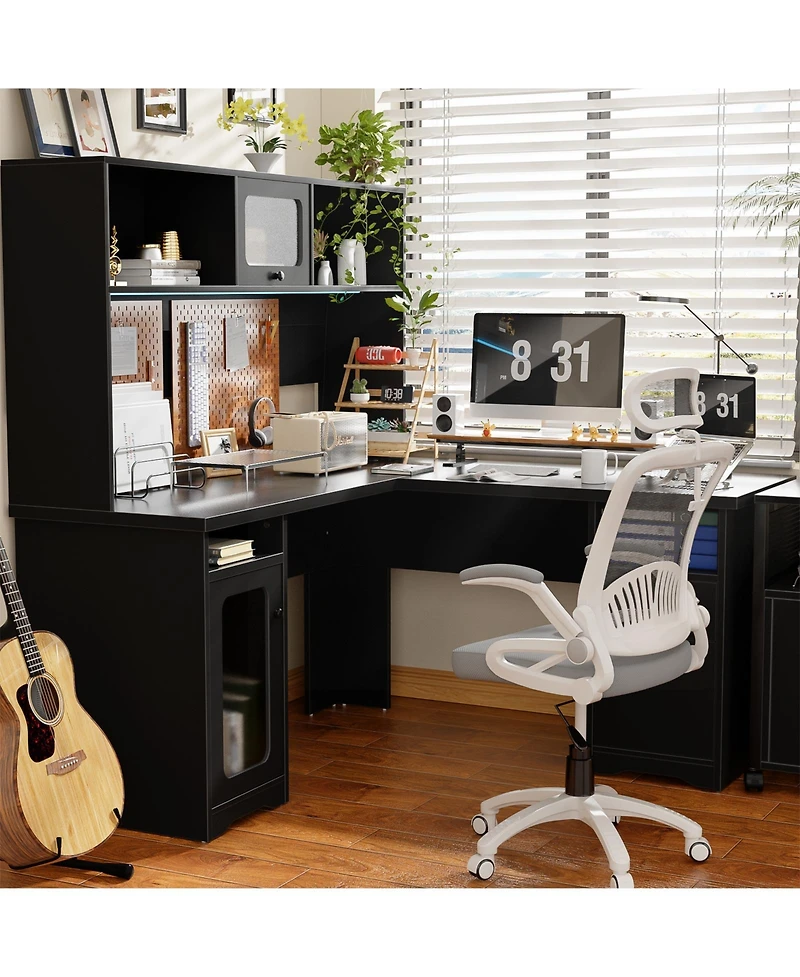 L Shaped Desk with Hutch, Corner Workstation Charge Station and File Cabinet