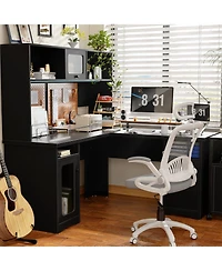 L Shaped Desk with Hutch, Corner Workstation Charge Station and File Cabinet
