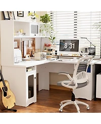 L Shaped Desk with Hutch, Corner Desk Workstation with Charge Station and File Cabinet
