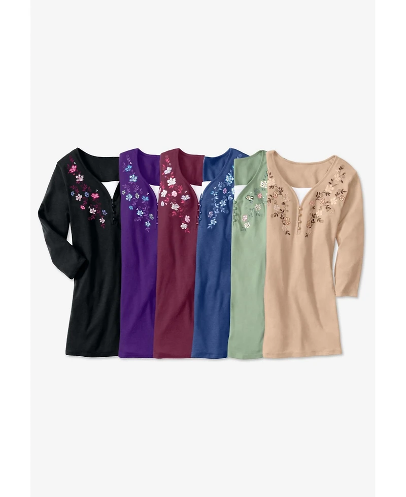 Woman Within Plus Size Within 7-Day Layered-Look Embroidered Henley Tunic
